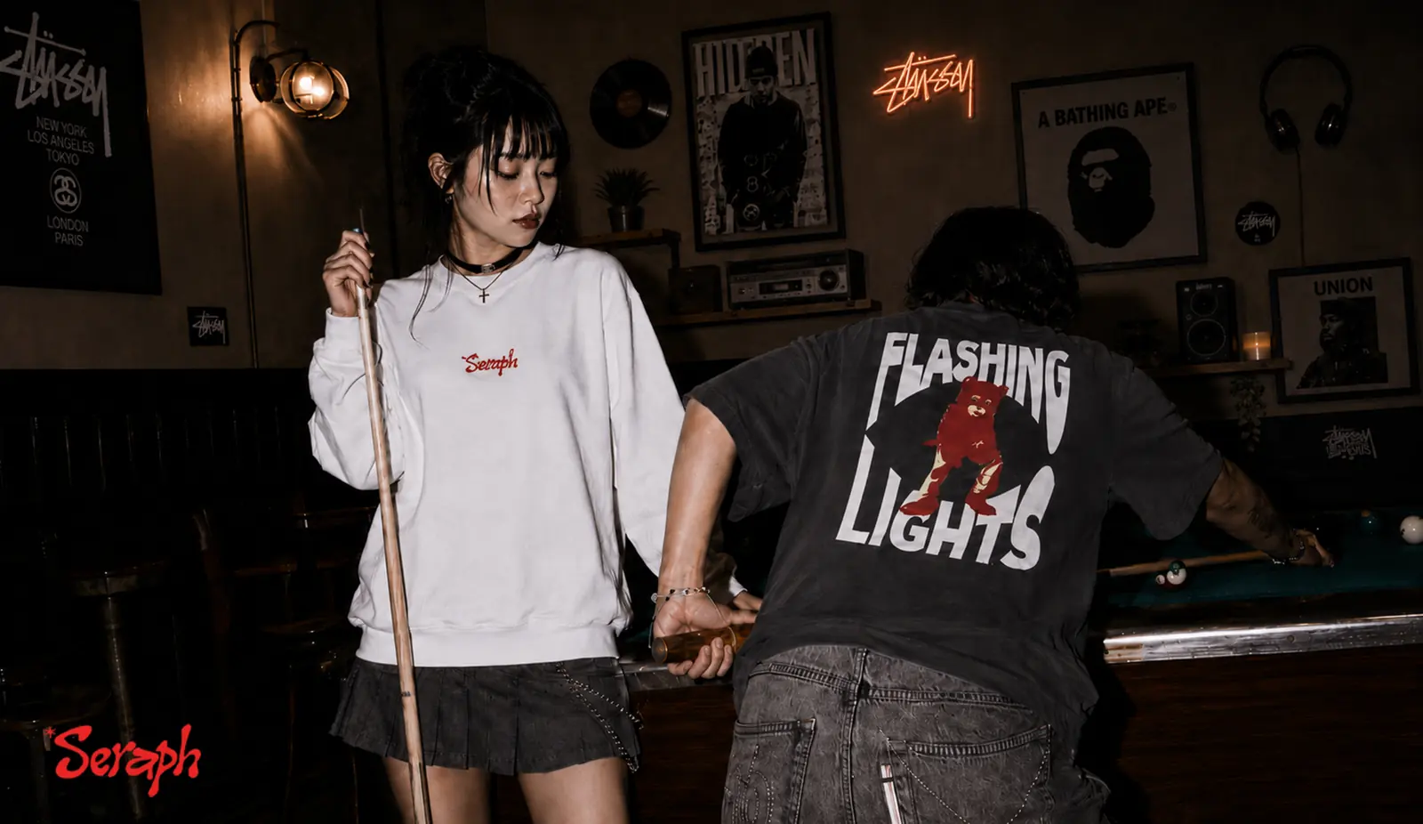 SERAPH Drop 01 campaign — models wearing neutral oversized streetwear in natural light